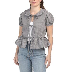 US TOGETHER Navy/white Peter Pan Collar Gingham Top